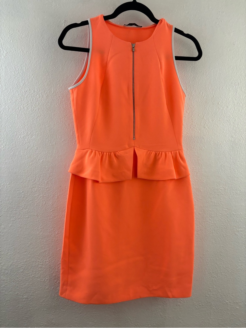 Sandro neon orange sleeveless zip front peplum sheath dress  size S